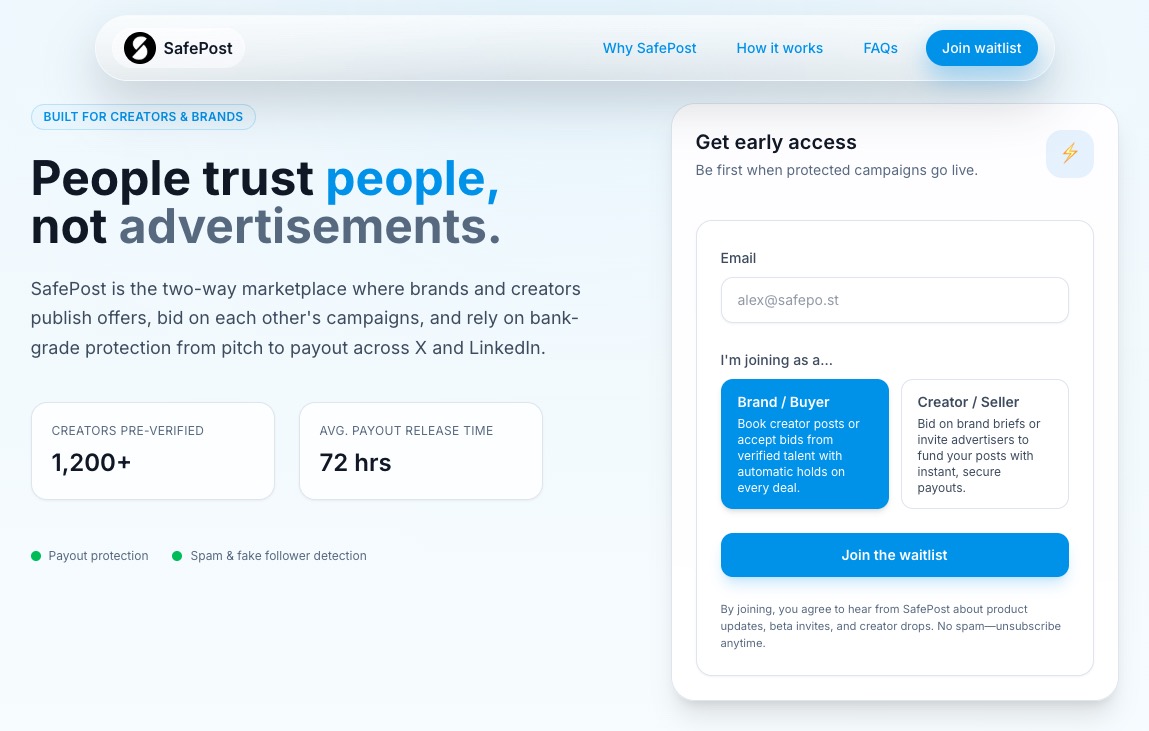 SafePost is a simple, escrow-backed platform that connects brands and creators to run sponsored posts on X and LinkedIn — safely, transparently, and without risk.